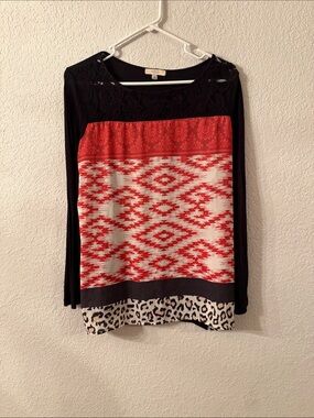 Halo Women's Black and Red Mixed-Print Long Sleeve Top